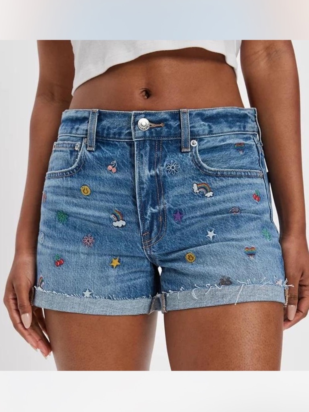 American Eagle Outfitters Blue Embroidered Denim Jean Shorts Smile Rainbow Pride